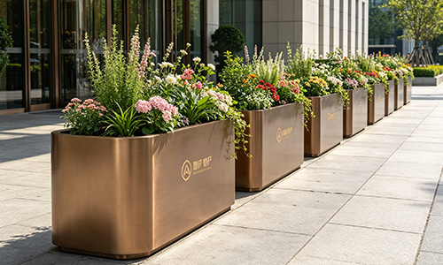 蚀刻 logo 定制｜304 不锈钢花箱，高端户外景观首选
